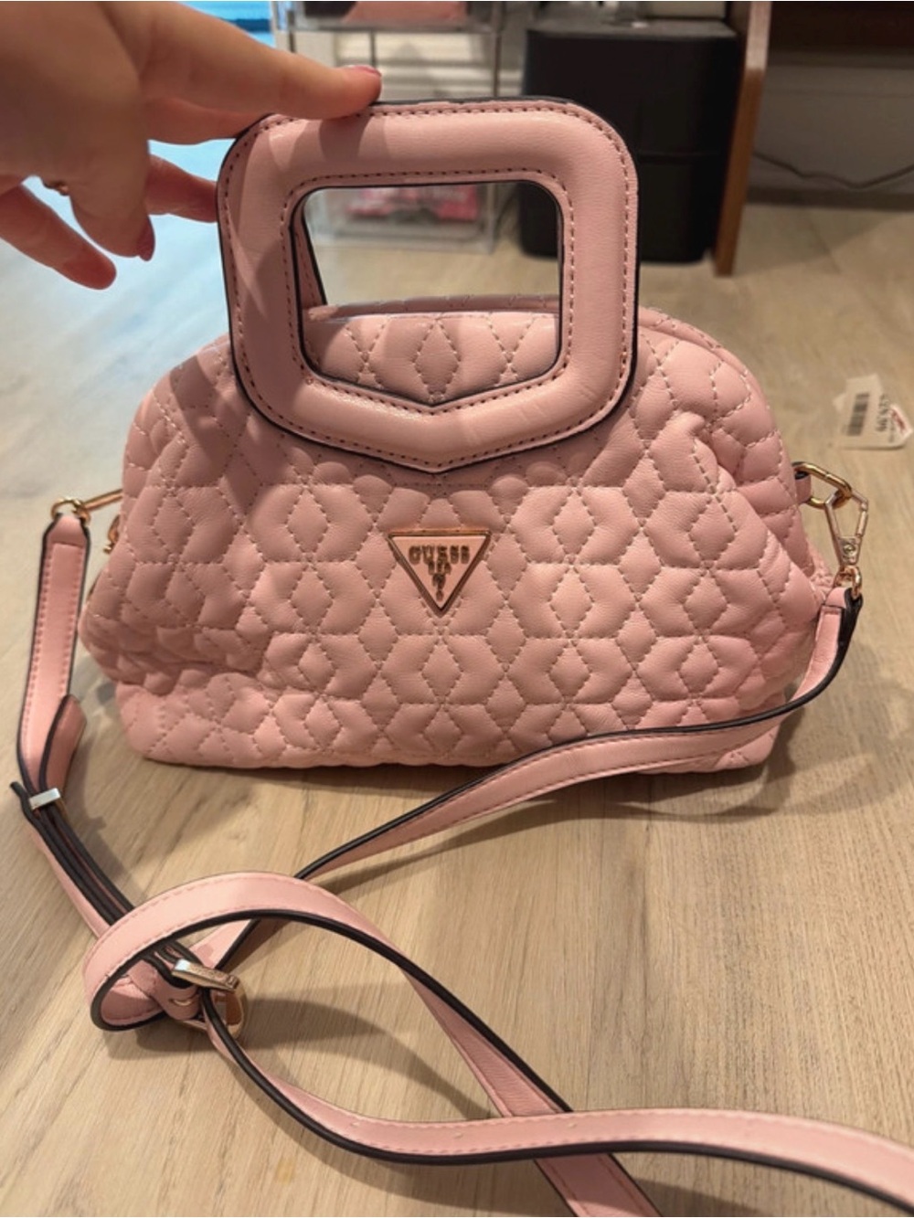 Guess Pink Quilted Top-Handle Crossbody Bag with Gold Trim